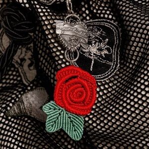 COMING SOON! Agua Bendita Mindy Bag Charm of Macrame Rose with Heart. Brand new!